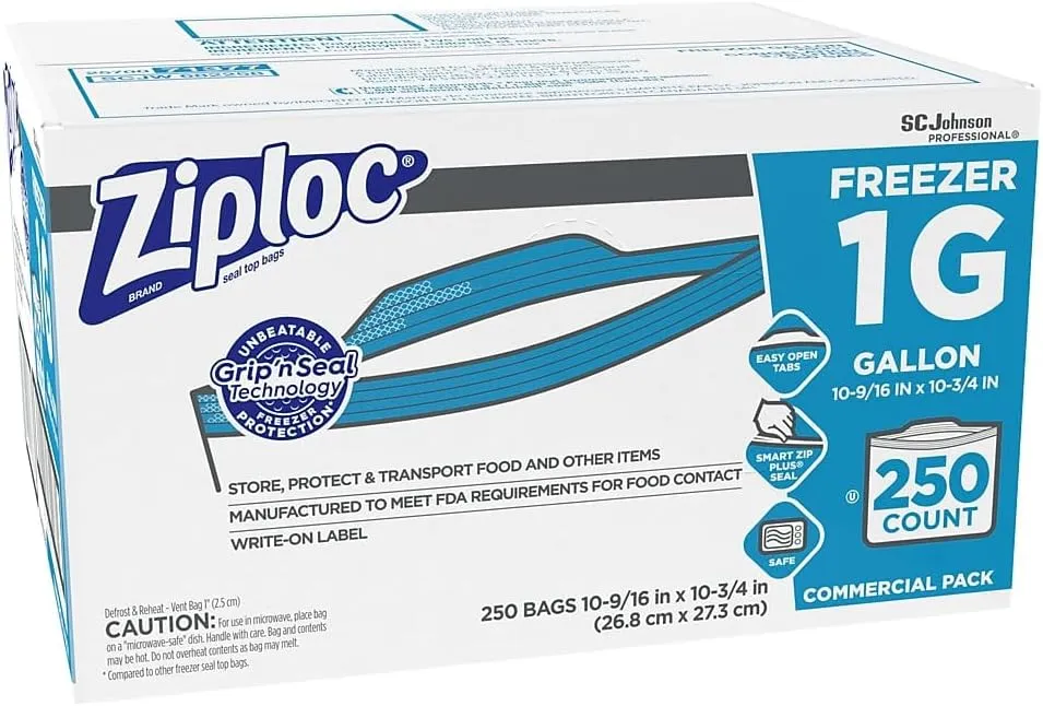 Ziploc 94604 Double-Zipper Freezer Bags, 1gal, 2.7mil, Clear w/Label Panel (Case of 250)