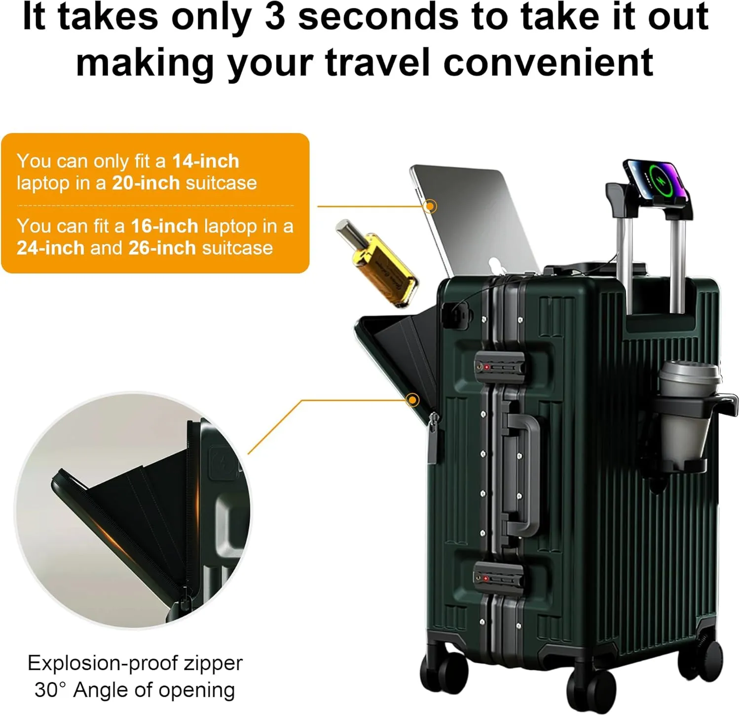 Zipperless Luggage, Polycarbonate Aluminum Hard Shell, Expandable Carry-On Suitcase with Spinner Wheels, Hard Shell Suitcase, 20 Inch Cabin